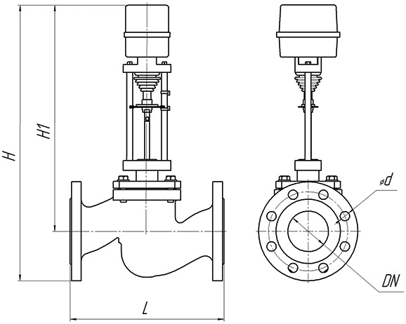 Клапан регулирующий двухходовой DN.ru 25ч945п Ду32 Ру16 Kvs16, серый чугун СЧ20, фланцевый, Tmax до 150°С с электроприводом DAV 1500 - 220B