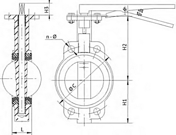 Эскиз Затвор дисковый поворотный DN.ru WBV3432E-2W-Fb-H Ду100 Ру16, корпус -сталь WCB, диск - сталь 316L, уплотнение - EPDM, с рукояткой